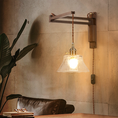 Aeyee Wood Plug in Wall Sconces Swing Arm Wall Lamp with On Off Switch Clear Glass Shade Farmhouse Wall Mounted Light Fixture with Cord Rustic Wall Light for Bedroom Bedside Reading Lamp