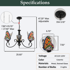Aeyee Tiffany Style Butterfly Chandelier Stained Glass Pendant Light Fixture Unique Chandelier Vintage Glass Hanging Light