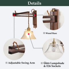Aeyee Wood Plug in Wall Sconces Swing Arm Wall Lamp with On Off Switch Clear Glass Shade Farmhouse Wall Mounted Light Fixture with Cord Rustic Wall Light for Bedroom Bedside Reading Lamp