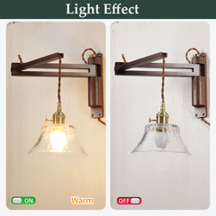 Aeyee Wood Plug in Wall Sconces Swing Arm Wall Lamp with On Off Switch Clear Glass Shade Farmhouse Wall Mounted Light Fixture with Cord Rustic Wall Light for Bedroom Bedside Reading Lamp