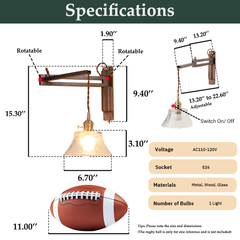 Aeyee Wood Plug in Wall Sconces Swing Arm Wall Lamp with On Off Switch Clear Glass Shade Farmhouse Wall Mounted Light Fixture with Cord Rustic Wall Light for Bedroom Bedside Reading Lamp