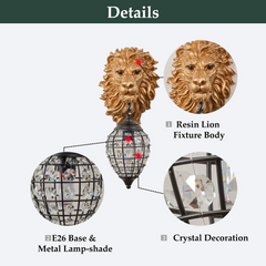 Aeyee Lion Head Wall Sconces Vintage Hardwired Wall Light Lion Wall Lighting with Crystal Lampshade Rustic Wall Lamps