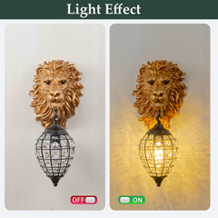 Aeyee Lion Head Wall Sconces Vintage Hardwired Wall Light Lion Wall Lighting with Crystal Lampshade Rustic Wall Lamps