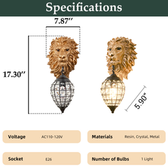 Aeyee Lion Head Wall Sconces Vintage Hardwired Wall Light Lion Wall Lighting with Crystal Lampshade Rustic Wall Lamps