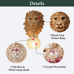Aeyee Lion Head Wall Sconces Vintage Hardwired Wall Light Lion Wall Lighting with Crystal Lampshade Rustic Wall Lamps