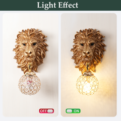Aeyee Lion Head Wall Sconces Vintage Hardwired Wall Light Lion Wall Lighting with Crystal Lampshade Rustic Wall Lamps