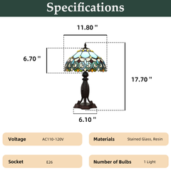 Aeyee Tiffany Style Table Lamp, Stained Glass Desk Lamp, Vintage Blue Bedside Night Light, 11.8 Inch Table Light with Handmade Lampshade for Bedroom Living Room