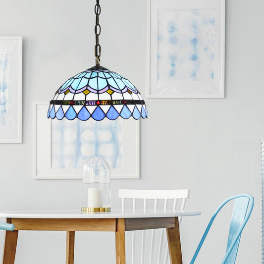 Aeyee Tiffany Chandelier Light Blue Stained Glass Pendant Light Fixture, Vintage Hanging Lamp for Dining Room, Bedroom