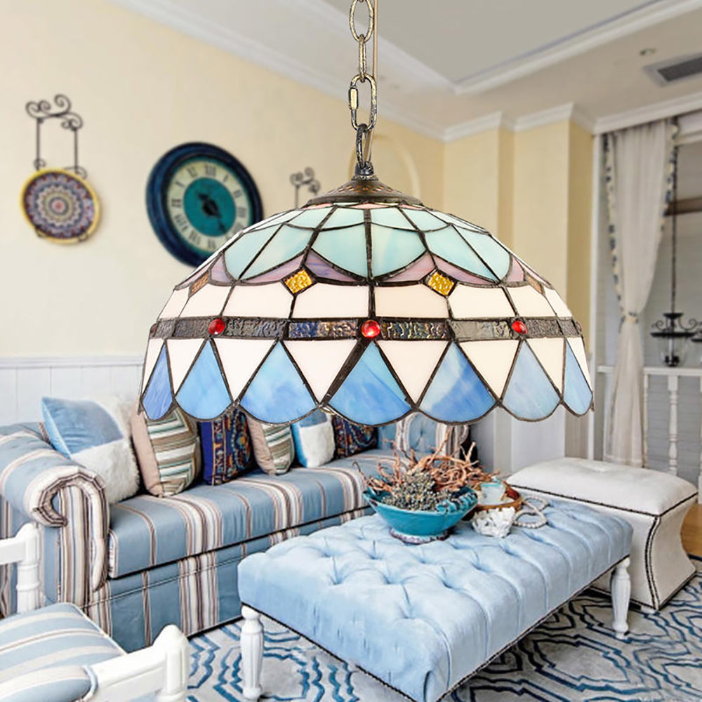 Aeyee Tiffany Chandelier Light Blue Stained Glass Pendant Light
