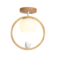 Aeyee Modern Wood Flush Mount Ceiling Light, 1 Light Round Shape Close to Ceiling Lighting with Bird Decoration for Laundry Corridor