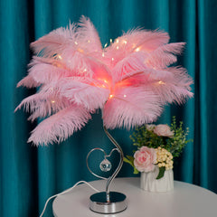 Aeyee Pink Feather Bedside Lamp, Elegant Night Light with Crystal Decor, Remote Control, Dimmable Table Lamp for Bedroom Living Room