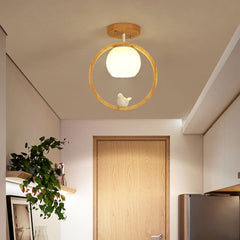 Aeyee Modern Wood Flush Mount Ceiling Light, 1 Light Round Shape Close to Ceiling Lighting with Bird Decoration for Laundry Corridor