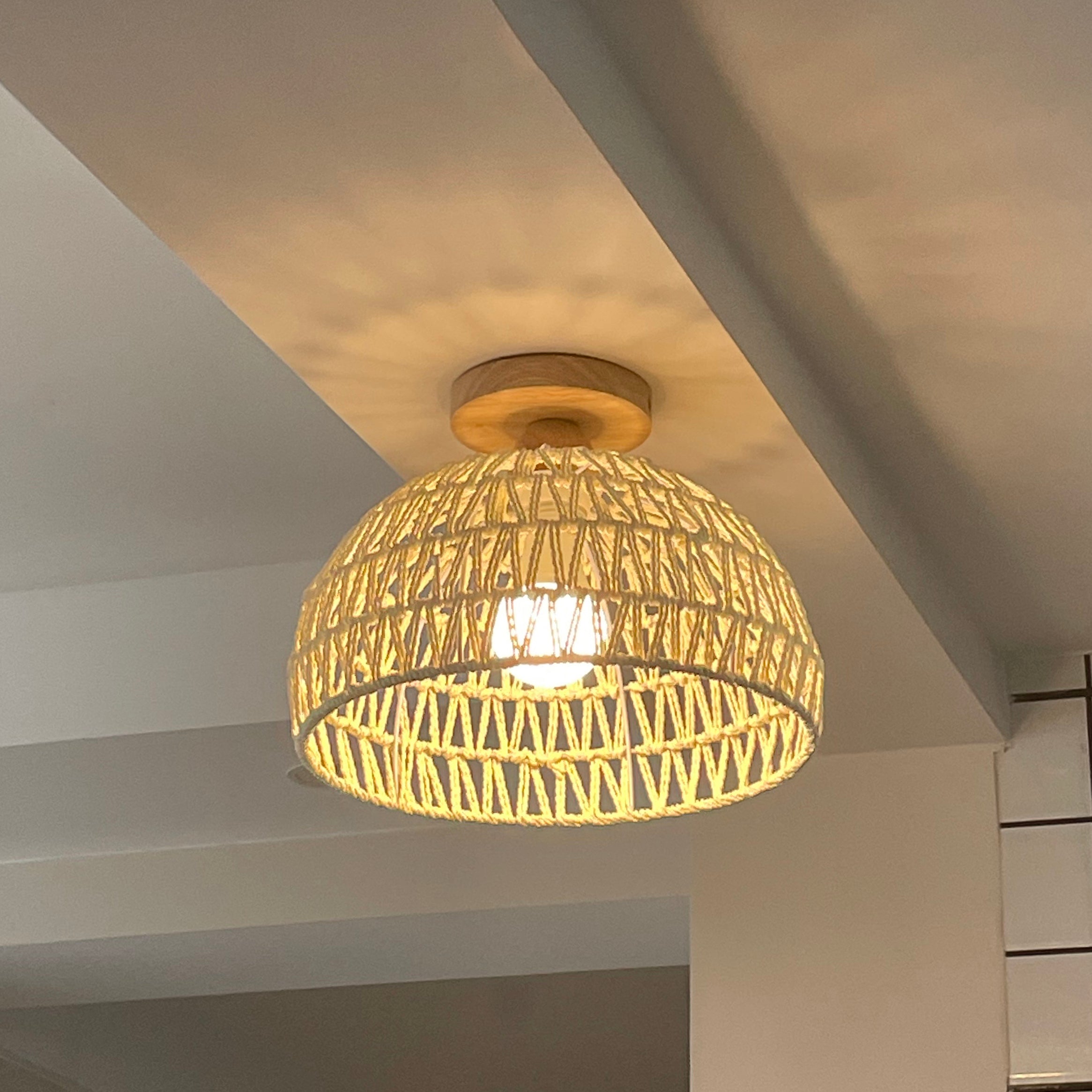 Aeyee Modern Wicker Flush Mount Ceiling Light Woven Rattan Fixtures Boho Cream Hallway Wood Hanging Lamp