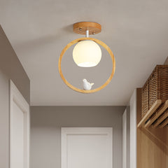 Aeyee Modern Wood Flush Mount Ceiling Light, 1 Light Round Shape Close to Ceiling Lighting with Bird Decoration for Laundry Corridor