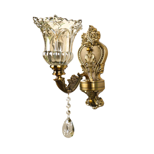 Aeyee Vintage Wall Sconce, Antique Brass Wall Light, Crystal Floral Bedside Wall Lamp for Entrance, Bedroom, Hallway