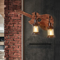 Aeyee Industrial Guitar Wall Sconce, Retro Wood Wall Mount Light, 3 Lights Farmhouse Lantern Wall lamp for Bedroom Corridor