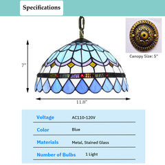 Aeyee Tiffany Chandelier Light Blue Stained Glass Pendant Light Fixture, Vintage Hanging Lamp for Dining Room, Bedroom