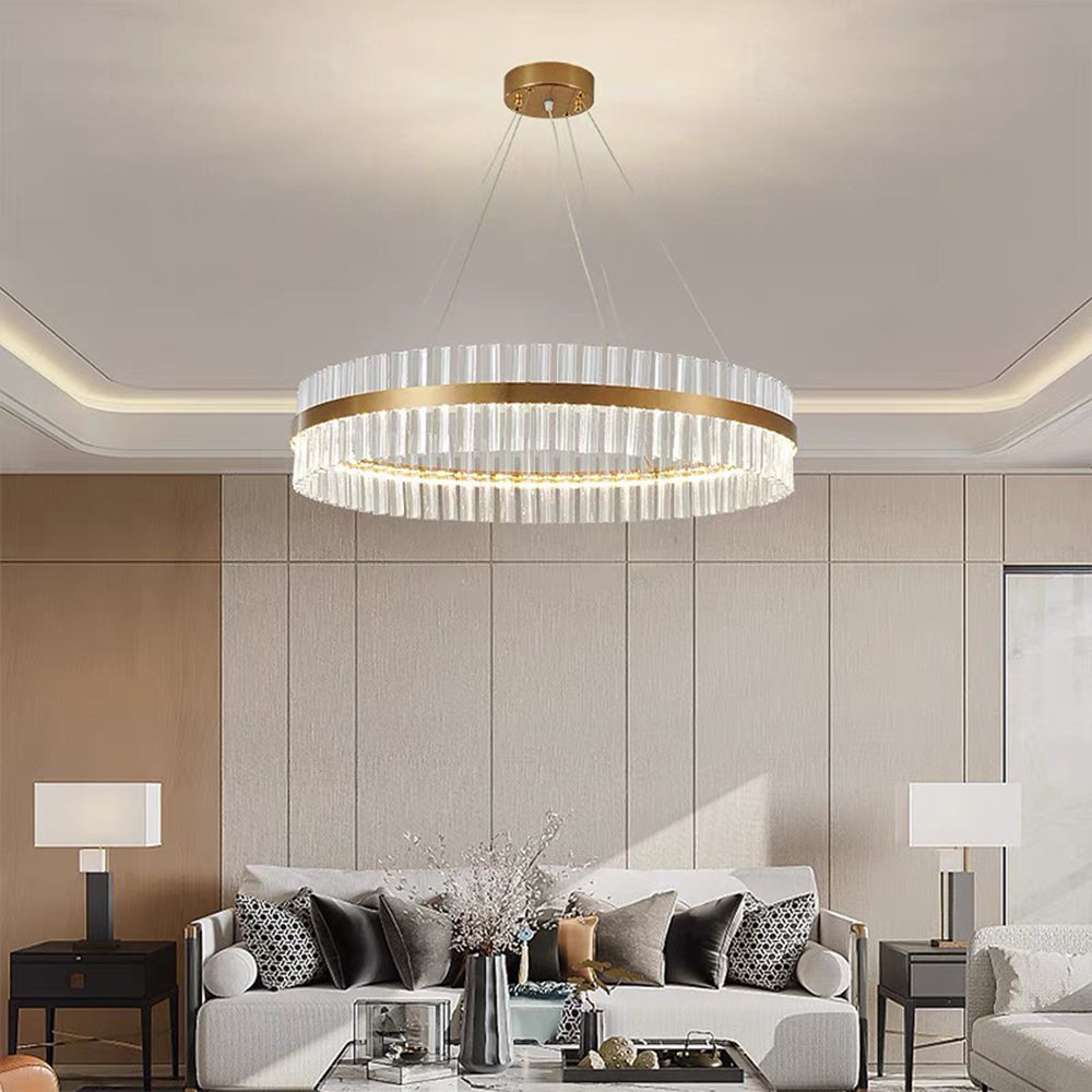 Gold Crystal Chandelier - Aeyee LED Hanging Light Round Ceiling Pendant Light Fixture for Dining Room, Kitchen Island 23.6 Inches