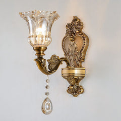 Aeyee Vintage Wall Sconce, Antique Brass Wall Light, Crystal Floral Bedside Wall Lamp for Entrance, Bedroom, Hallway