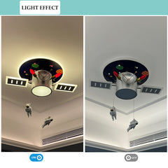 Aeyee Creative Space Theme Flush Mount Ceiling Light LED Cartoon Hanging Lamp, Dimmable Round Astronaut Ceiling Light