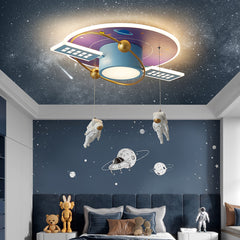 Aeyee Creative Space Theme Flush Mount Ceiling Light LED Cartoon Hanging Lamp, Dimmable Round Astronaut Ceiling Light