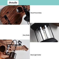 Aeyee Industrial Guitar Wall Sconce, Retro Wood Wall Mount Light, 3 Lights Farmhouse Lantern Wall lamp for Bedroom Corridor