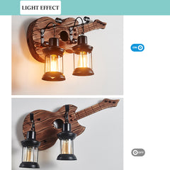 Aeyee Industrial Guitar Wall Sconce, Retro Wood Wall Mount Light, 3 Lights Farmhouse Lantern Wall lamp for Bedroom Corridor