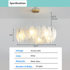 Aeyee Modern Feather Shaped Glass Chandelier, Elegant Glass Pendant Light Fixture, Adjustable Hanging Light for Living Room Bedroom