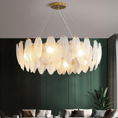 Aeyee Modern Feather Shaped Glass Chandelier, Elegant Glass Pendant Light Fixture, Adjustable Hanging Light for Living Room Bedroom