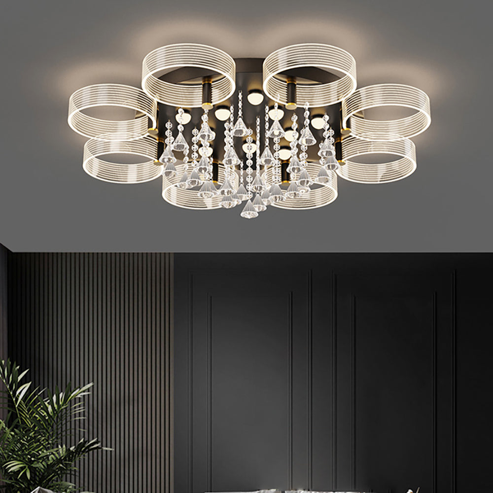 Aeyee Round Crystal Flush Mount Ceiling Light, Modern Drop Ceiling Lighting with Remote, Dimmable Chandelier for Dining Room Bedroom