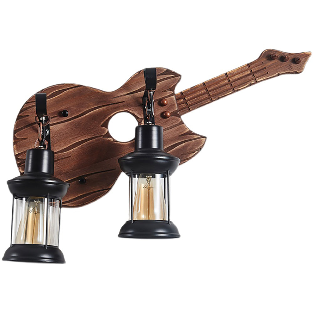 Aeyee Industrial Guitar Wall Sconce, Retro Wood Wall Mount Light, 3 Lights Farmhouse Lantern Wall lamp for Bedroom Corridor