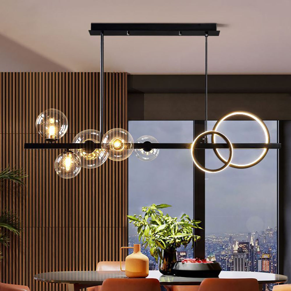 Modern LED Hanging Light - Aeyee Glass Globe Island Light, 7 Lights Chandelier, Elegant Dining Room Pendant Light (Black, Clear Shade)