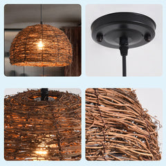 Rattan Pendant Light Fixture - Aeyee Beach Wicker Chandelier1 Lights Dome Woven Hanging Light for Kitchen Island Nursery in Brown