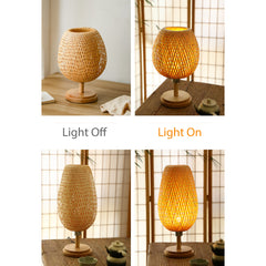 Aeyee Bamboo Table Lamp Cute Desk Lamp with Wood Base, Wicker Shade, Bohemian Bedside Lamp, Farmhouse Night Light for Hallway Living Room