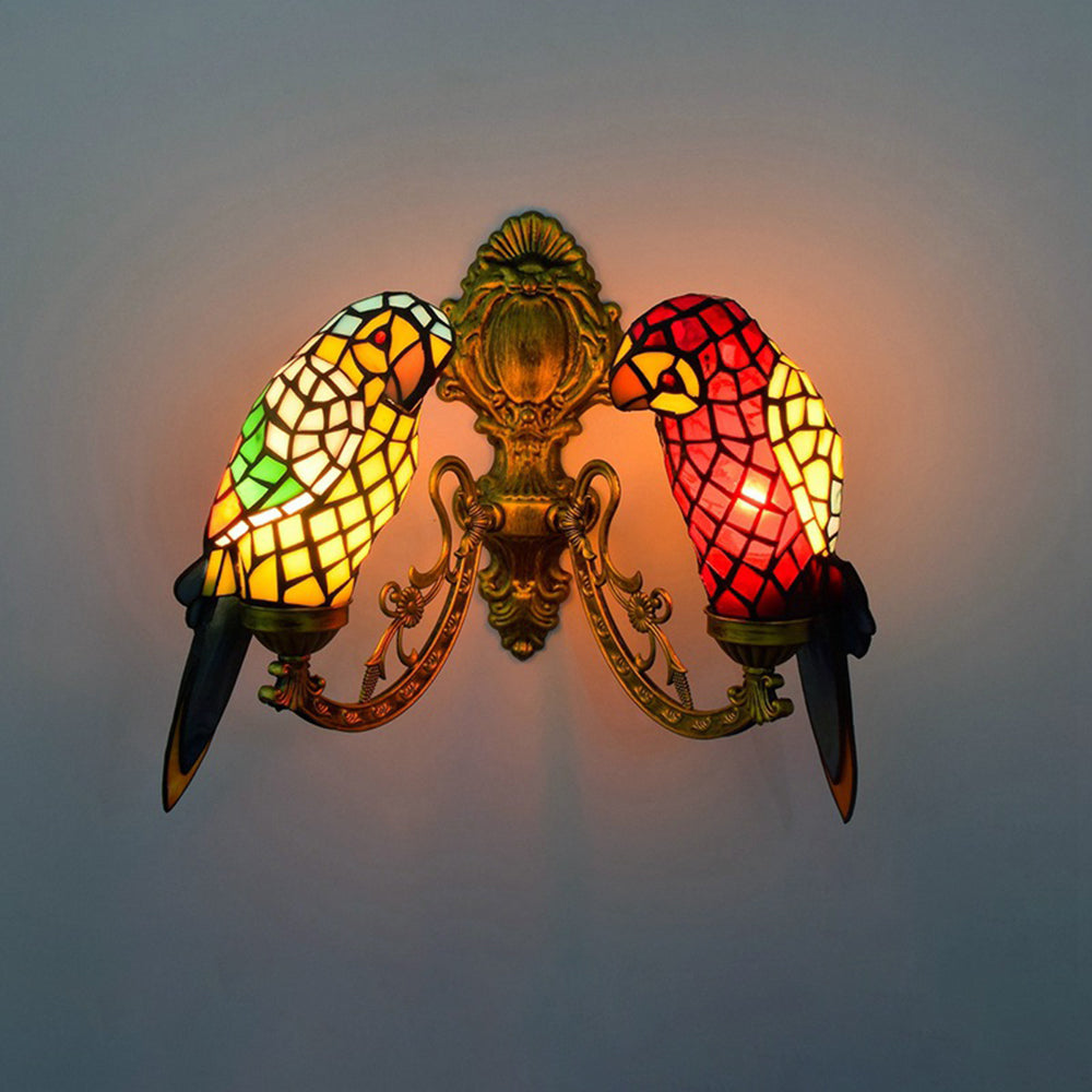 Tiffany Wall Sconce - Aeyee Parrot Design Wall Light with Stained Glass Shade 2 Lights Birds Wall Lamp for Porch Bedroom