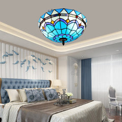 Tiffany Style Ceiling lamp -Aeyee Blue Stained Glass Flush Mount Ceiling Light Fixtures 15.7" Elegant Hanging Lamp for Entrance, Kitchen, Bedroom