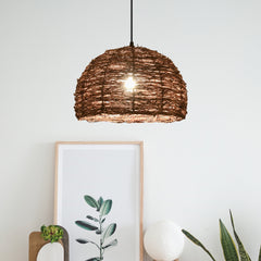 Rattan Pendant Light Fixture - Aeyee Beach Wicker Chandelier1 Lights Dome Woven Hanging Light for Kitchen Island Nursery in Brown