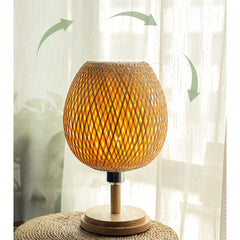 Aeyee Bamboo Table Lamp Cute Desk Lamp with Wood Base, Wicker Shade, Bohemian Bedside Lamp, Farmhouse Night Light for Hallway Living Room