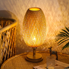 Aeyee Bamboo Table Lamp Cute Desk Lamp with Wood Base, Wicker Shade, Bohemian Bedside Lamp, Farmhouse Night Light for Hallway Living Room