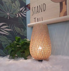 Bamboo Table Lamp - Aeyee Cute Accent Lamp with Wood Base, Wicker Shade, Bohemian Bedside Lamp,Night Light for Hallway Nursery Living Room