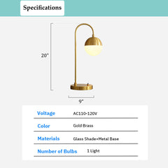 Aeyee Modern Gold Brass Table Lamp Elegant Night Light with White Glass Globe Shade, Mid-Century Bedside Lamp for Bedroom Office Nightstand