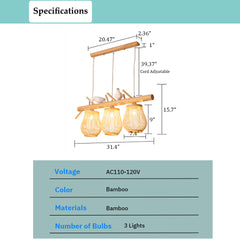 Bird Shaped Island Chandelier - Aeyee Bamboo Hanging Light with Adjustable Cord, Unique Pendant Light Fixture